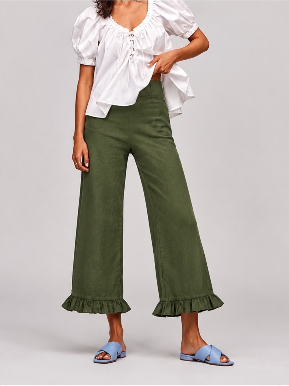 Anthropologie Maeve Colette Ruffle Hem Wide Leg Crop Pants Size 31 Moss Green